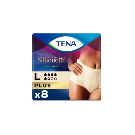 TENA SILHOUETTE PLUS ABSORBENTE INCONTINENCIA ORINA DIA CINTURA ALTA TALLA L COLOR CREMA 8 UNIDADES