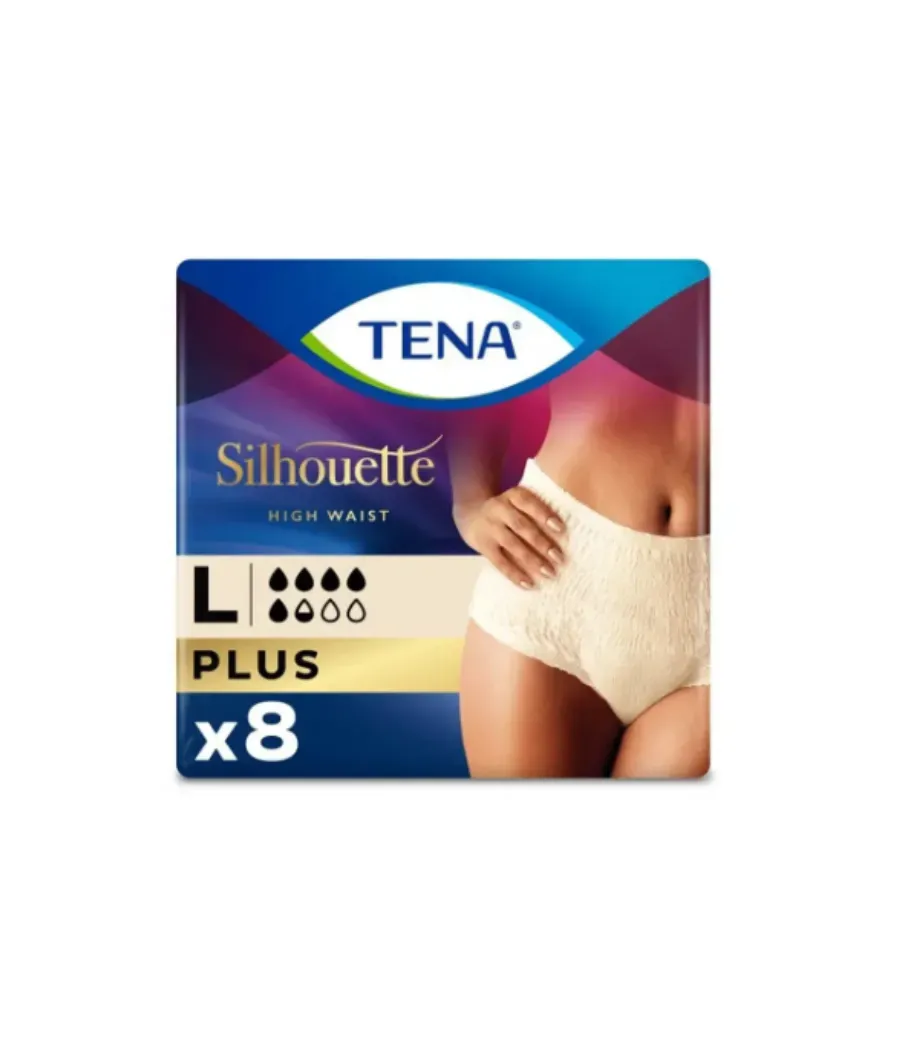 TENA SILHOUETTE PLUS ABSORBENTE INCONTINENCIA ORINA DIA CINTURA ALTA TALLA L COLOR CREMA 8 UNIDADES