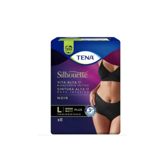 TENA SILHOUETTE PLUS ABSORBENTE INCONTINENCIA ORINA DIA CINTURA ALTA TALLA L COLOR NEGRO 8 UNIDADES