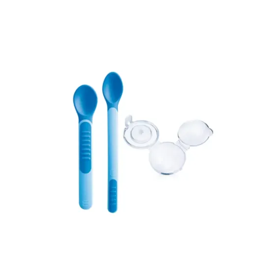 MAM HEAT SENSITIVE SPOON & COVER CUCHARA CON PUNTAS SENSIBLES AL CALOR COLOR AZUL 2 UNIDADES