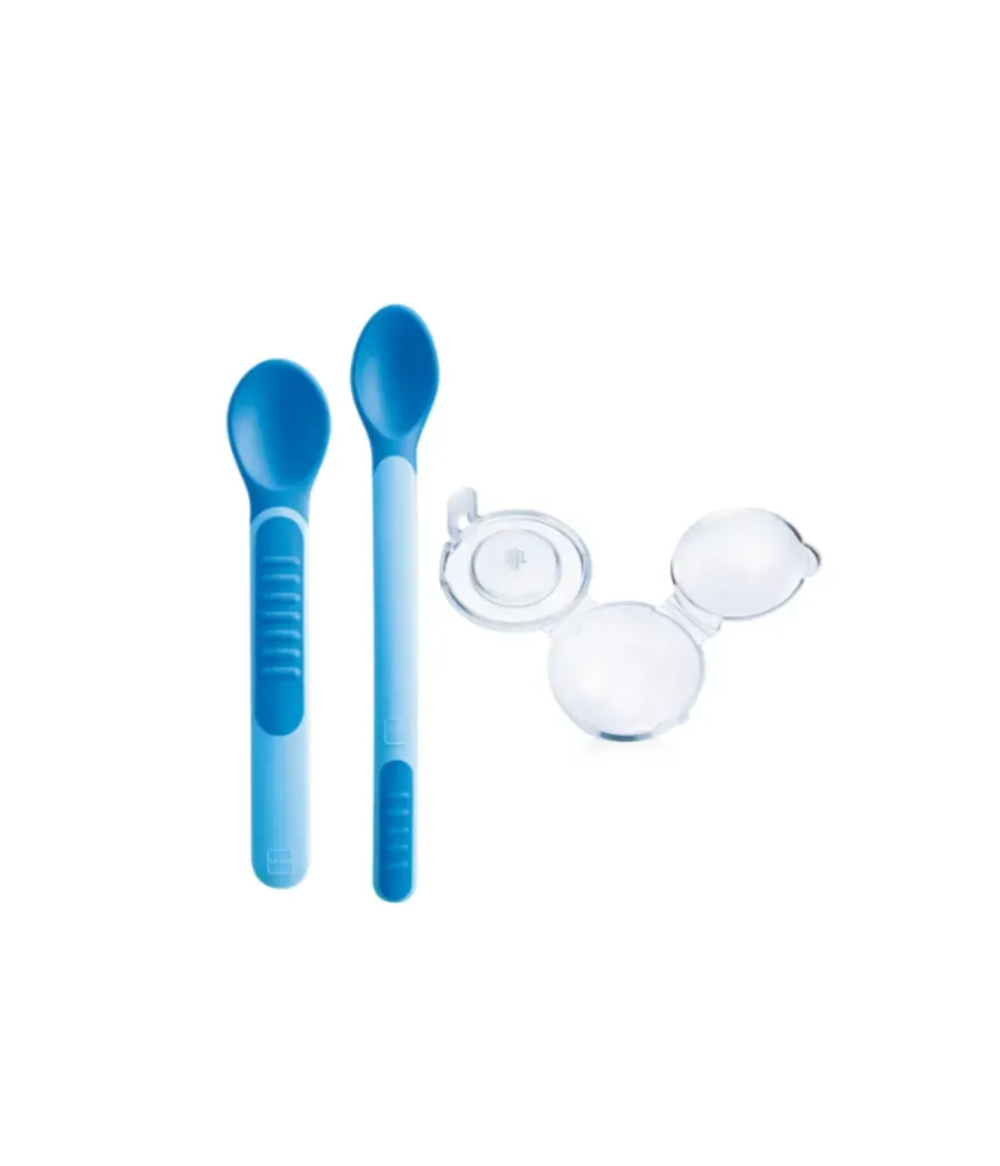 MAM HEAT SENSITIVE SPOON & COVER CUCHARA CON PUNTAS SENSIBLES AL CALOR COLOR AZUL 2 UNIDADES