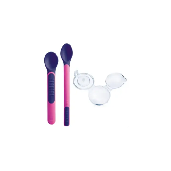 MAM HEAT SENSITIVE SPOON & COVER CUCHARA CON PUNTAS SENSIBLES AL CALOR COLOR ROSA 2 UNIDADES