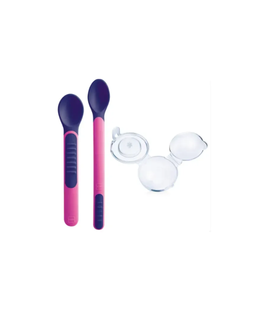 MAM HEAT SENSITIVE SPOON & COVER CUCHARA CON PUNTAS SENSIBLES AL CALOR COLOR ROSA 2 UNIDADES